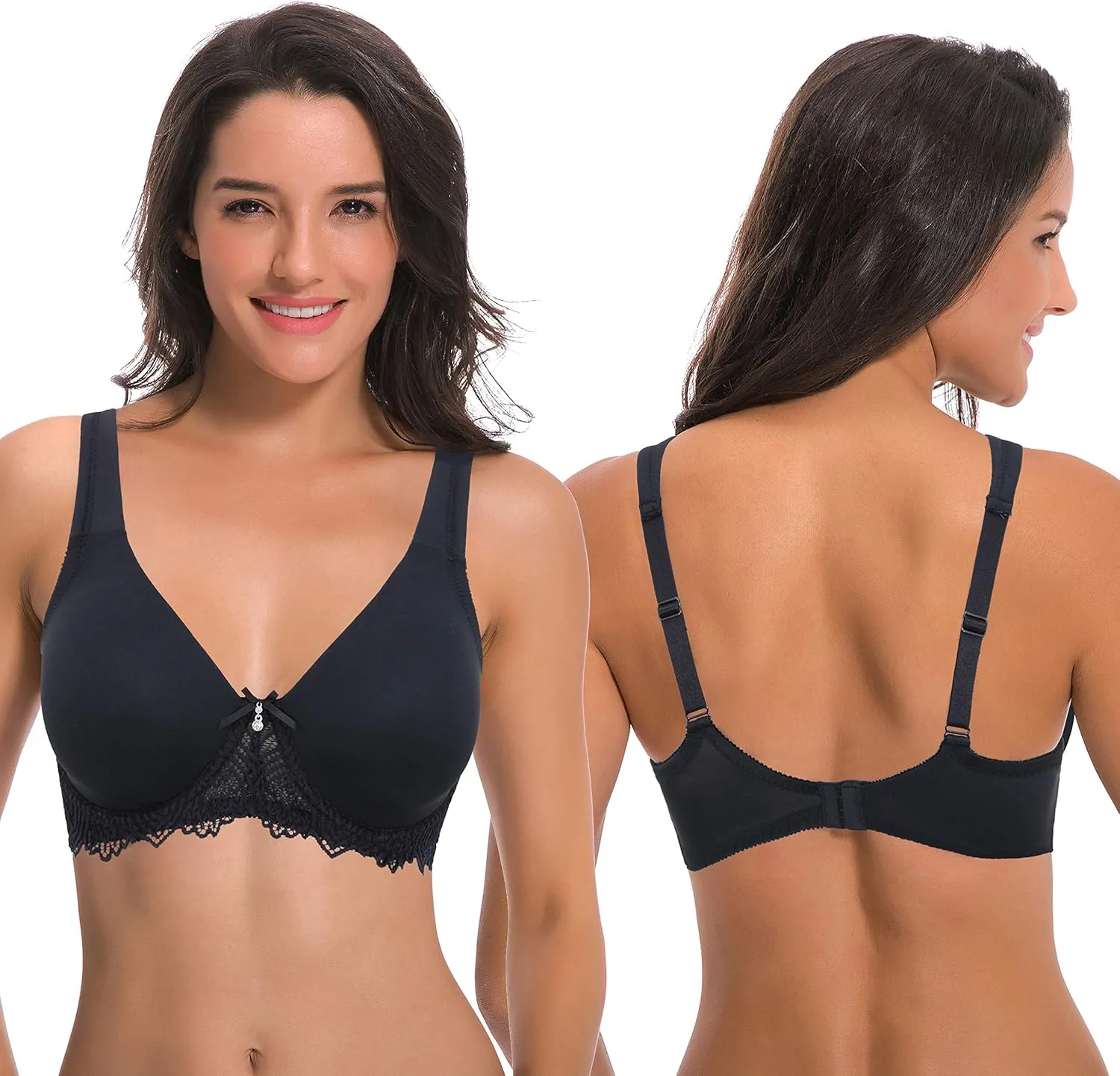 Curve Muse Women's Plus Size Unlined Underwire Lace Bra with Cushion Straps-2PK