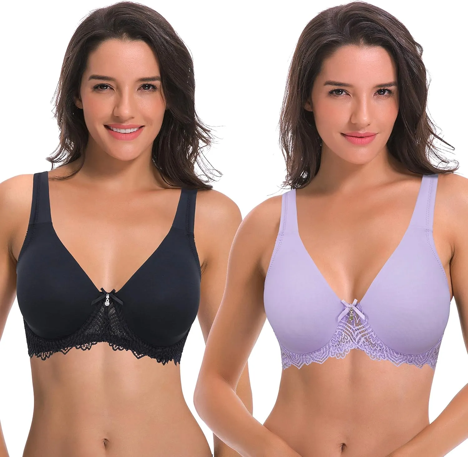 Curve Muse Women's Plus Size Unlined Underwire Lace Bra with Cushion Straps-2PK