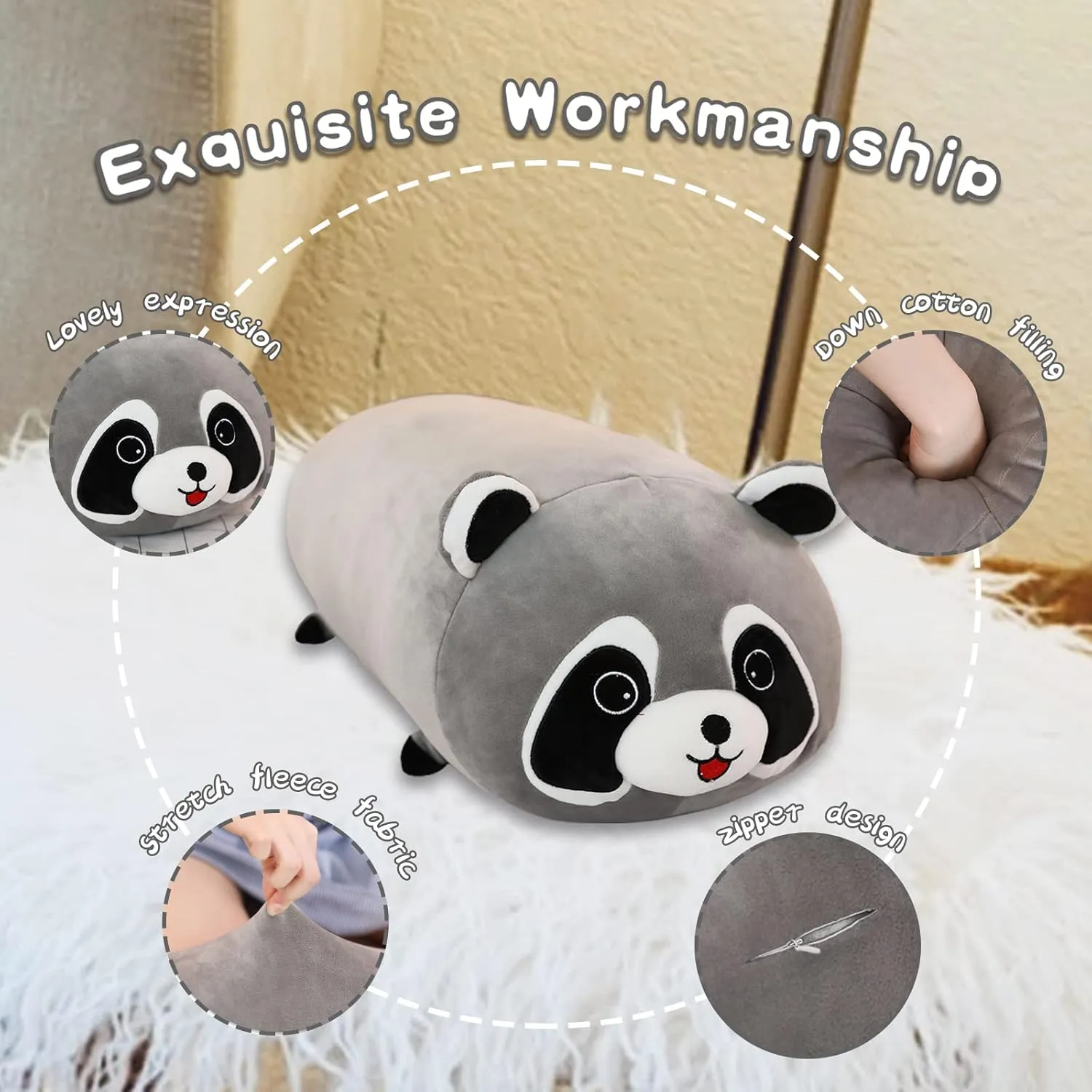 Cute Raccoon Plush Pillow, Soft Kawaii Plushies Cuddle Pillow, Cute Plushies Birthday Gifts for Kids (23 inch)