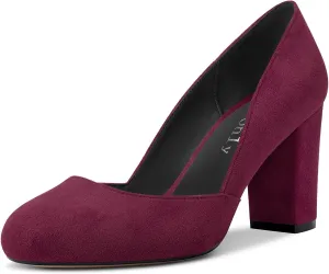 DearOnly Womens Pumps Round Closed Toe Block Chunky High Heel Slip On Suede Dress Shoes Shopping Office Cute 3 Inch