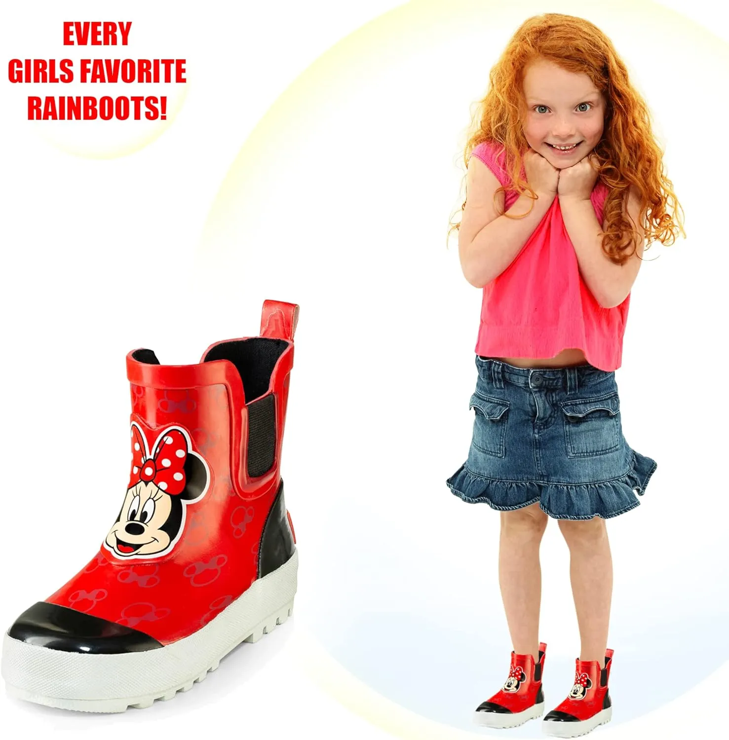 Disney Girl Minnie Mouse Mid Height Easy Slip-on Waterproof Rubber Boots - Size