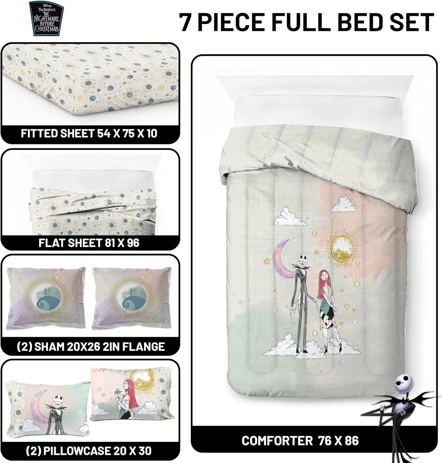 Disney Nightmare Before Christmas Full Size Comforter Set - 7 Piece Jack and Sally Bedding Includes Sheet Set & Pillow Covers - Super Soft Ombre Bedding