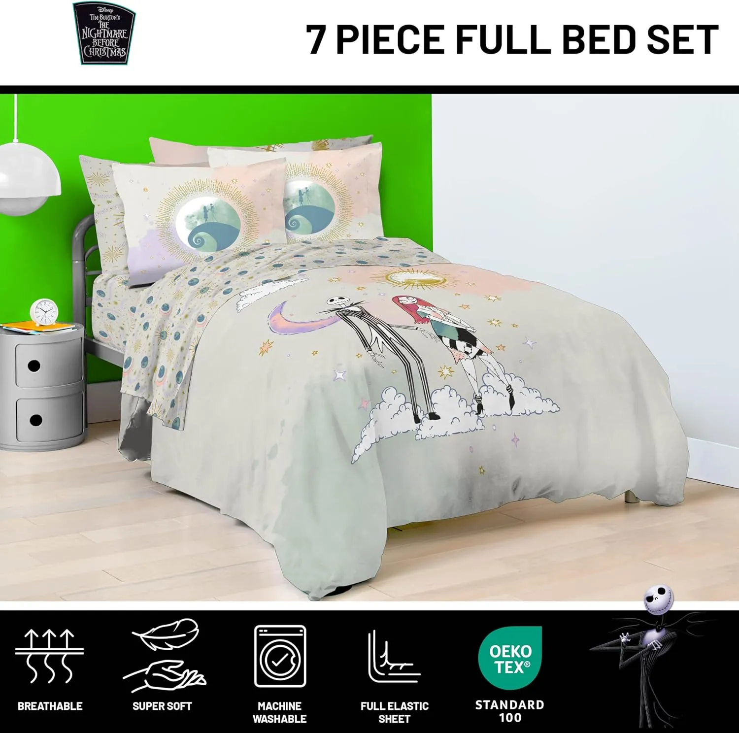 Disney Nightmare Before Christmas Full Size Comforter Set - 7 Piece Jack and Sally Bedding Includes Sheet Set & Pillow Covers - Super Soft Ombre Bedding