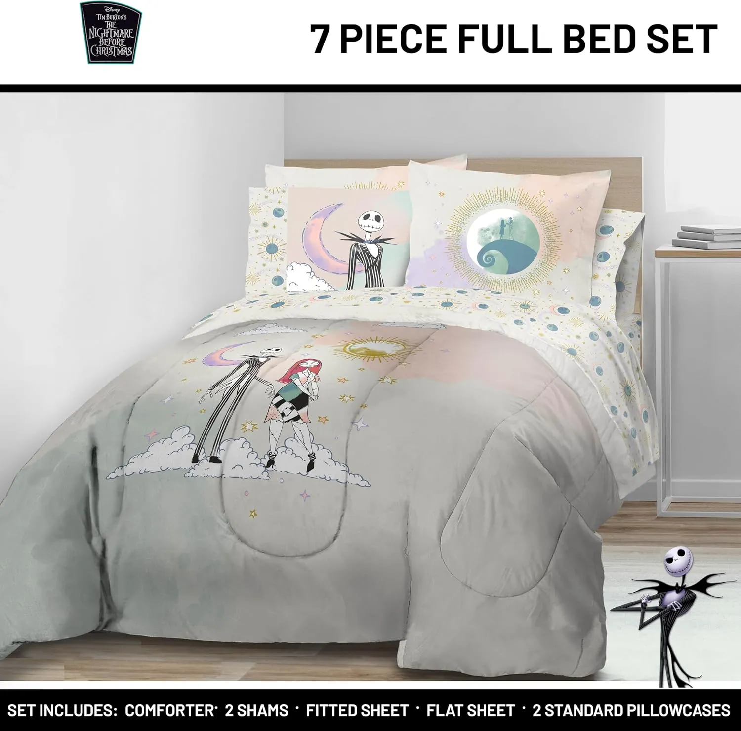 Disney Nightmare Before Christmas Full Size Comforter Set - 7 Piece Jack and Sally Bedding Includes Sheet Set & Pillow Covers - Super Soft Ombre Bedding