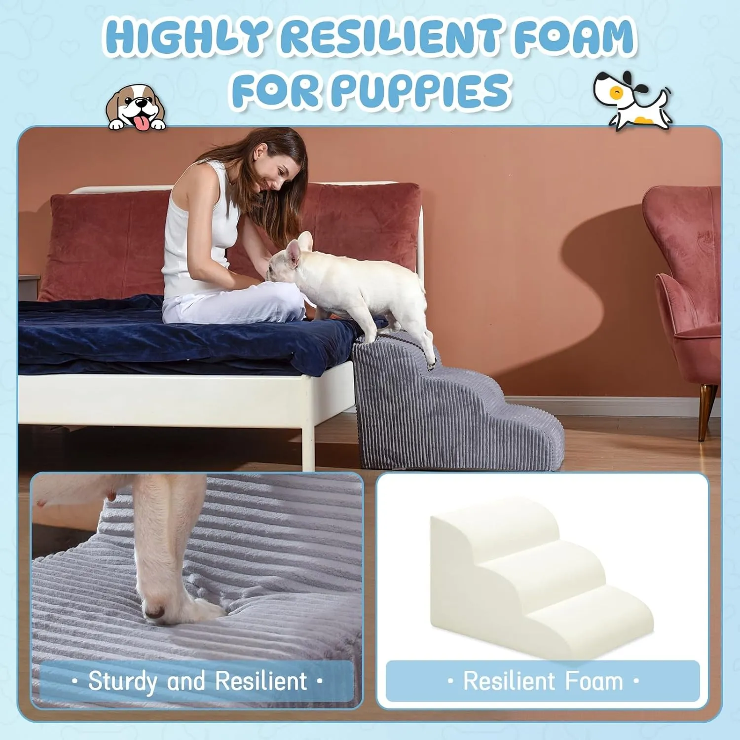Dog Stairs Steps for High Bed - 4 Steps Pet Steps for Small Dogs and Cats Non-Slip Removable Washable Cover Ramp for Indoor Outdoor Car SUV Couch Sofa(H: 20")