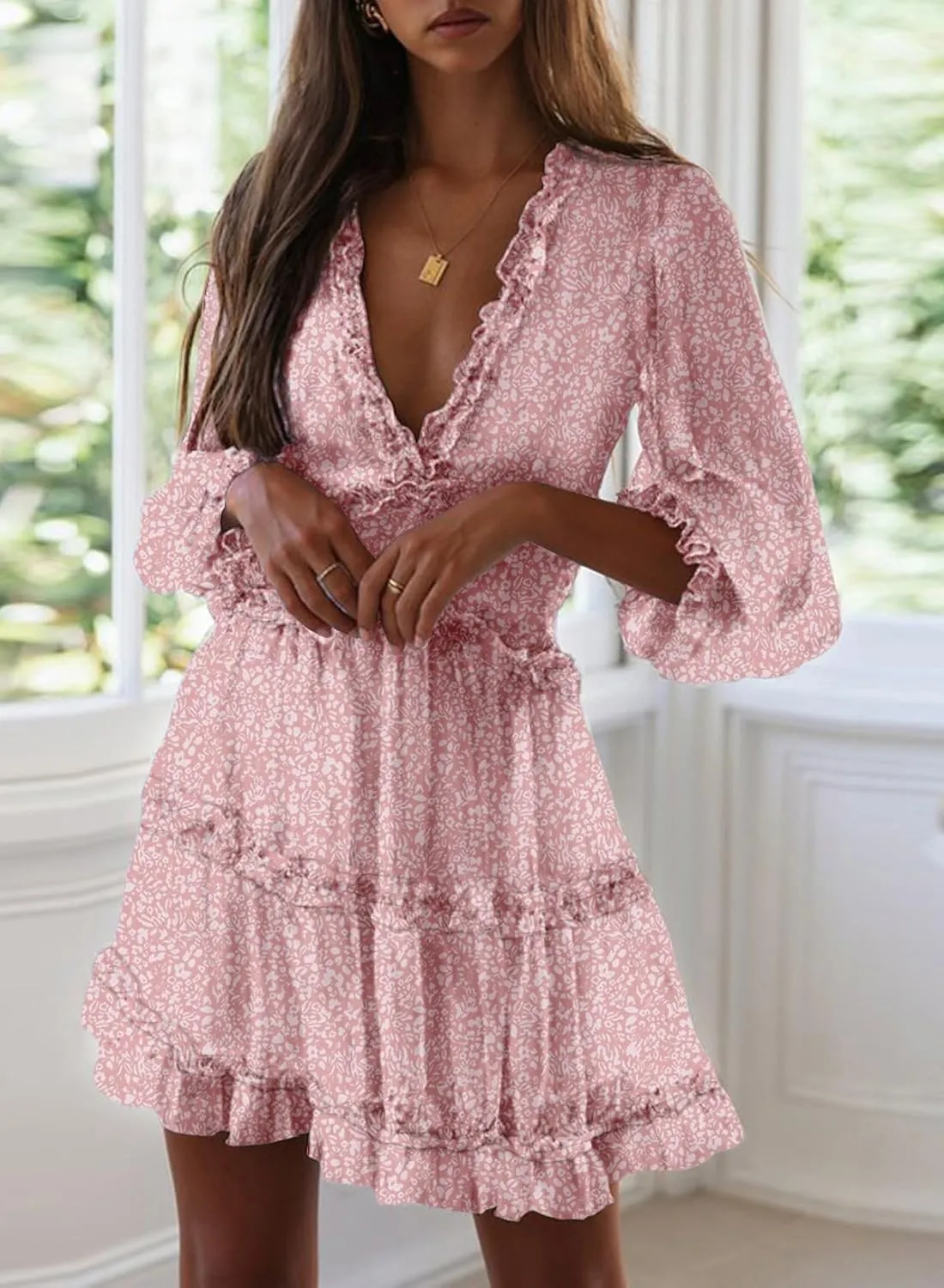 Dokotoo Womens 2025 Spring Summer Deep V Neck Long Sleeve Backless Ruffle Floral Flowy Mini Dress