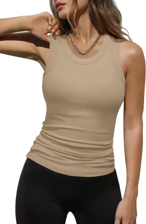 Dokotoo Womens Ladies Ribbed Thick Strap Racerback Tight Slim Fitted Sporty Workout Tank Tops