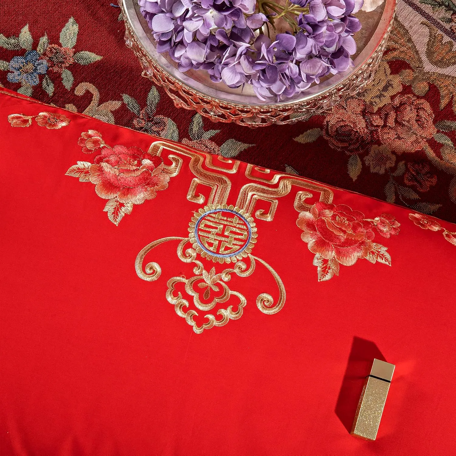 Double Happiness Dragon and Phoenix Bird with Mandarin Duck Embroidery Chinese Red Wedding Bedding King Queen Cotton Embroider Wedding Duvet Sets（Color 5 Queen,10PC/Set