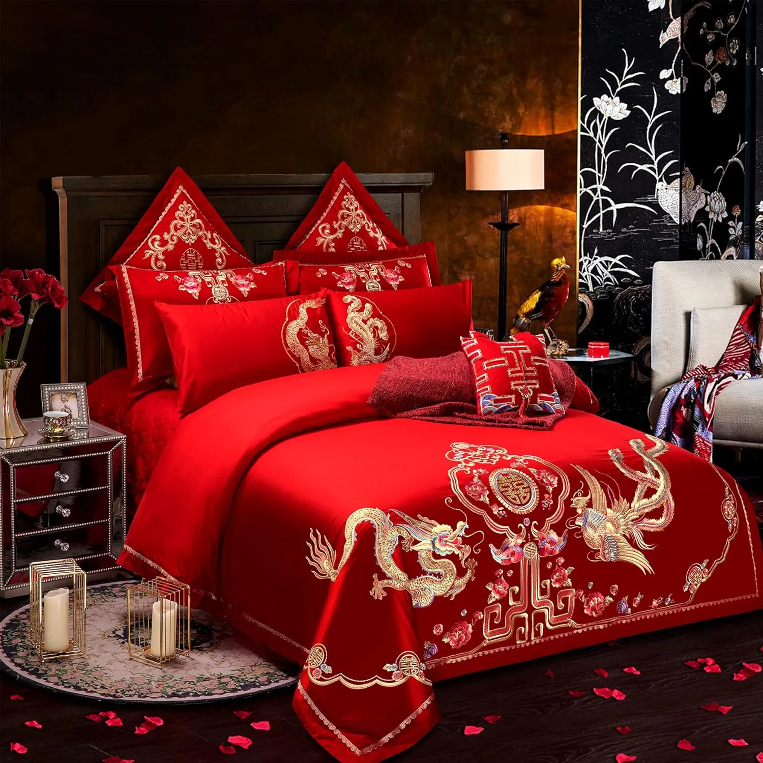 Double Happiness Dragon and Phoenix Bird with Mandarin Duck Embroidery Chinese Red Wedding Bedding King Queen Cotton Embroider Wedding Duvet Sets（Color 5 Queen,10PC/Set
