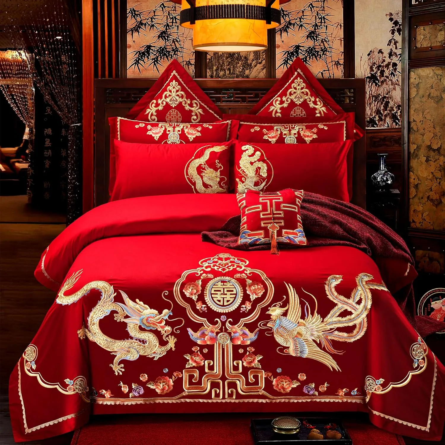 Double Happiness Dragon and Phoenix Bird with Mandarin Duck Embroidery Chinese Red Wedding Bedding King Queen Cotton Embroider Wedding Duvet Sets（Color 5 Queen,10PC/Set