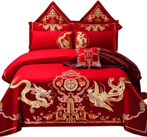 Double Happiness Dragon and Phoenix Bird with Mandarin Duck Embroidery Chinese Red Wedding Bedding King Queen Cotton Embroider Wedding Duvet Sets（Color 5 Queen,10PC/Set
