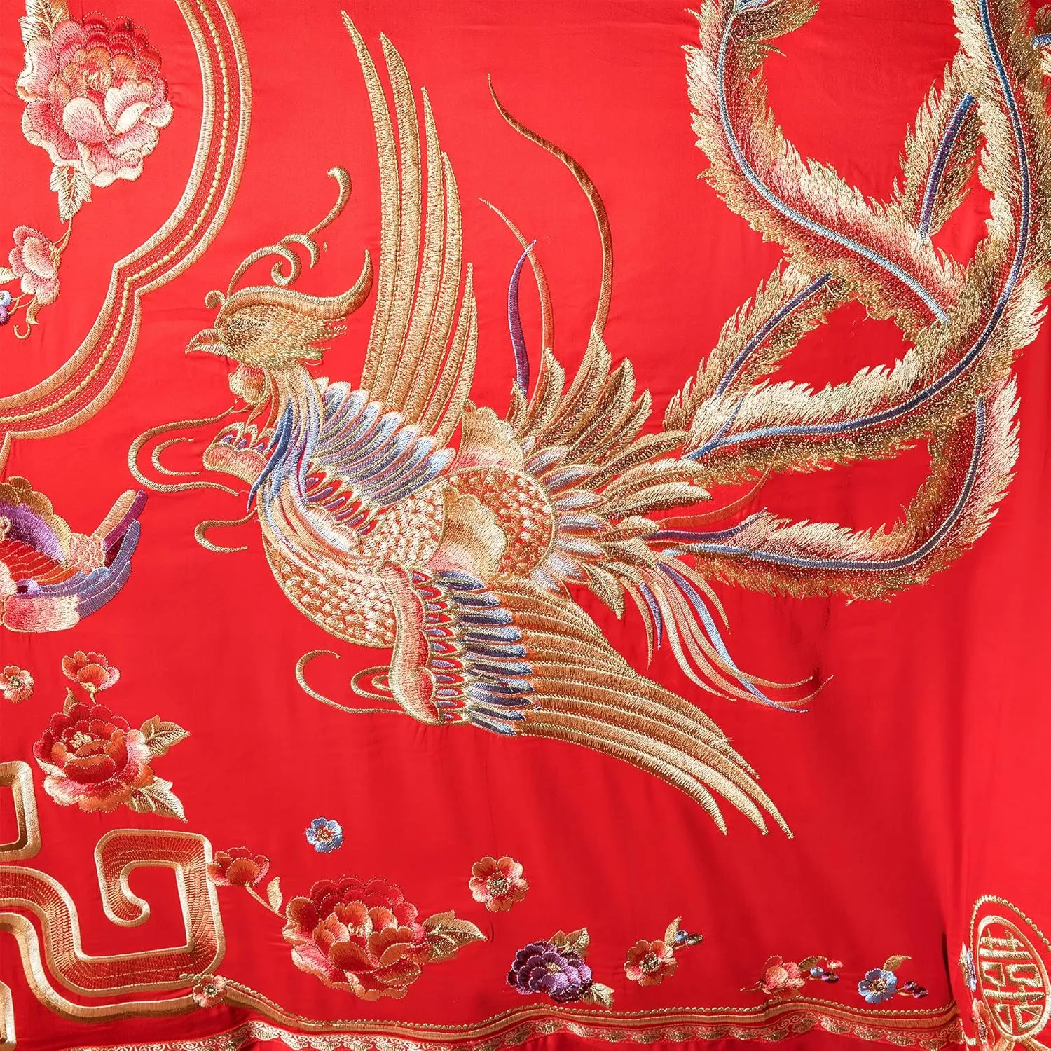 Double Happiness Dragon and Phoenix Bird with Mandarin Duck Embroidery Chinese Red Wedding Bedding King Queen Cotton Embroider Wedding Duvet Sets（Color 5 Queen,10PC/Set