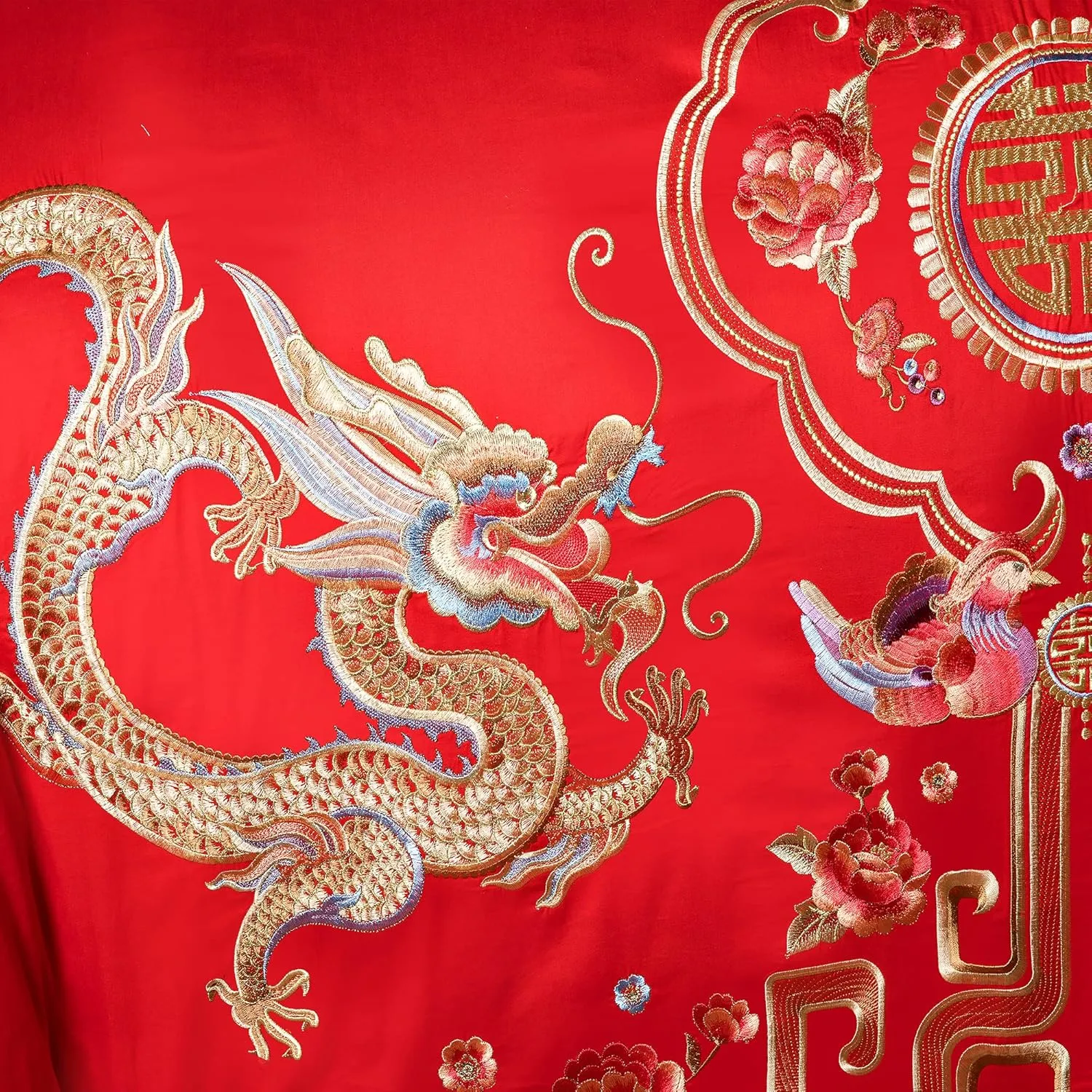 Double Happiness Dragon and Phoenix Bird with Mandarin Duck Embroidery Chinese Red Wedding Bedding King Queen Cotton Embroider Wedding Duvet Sets（Color 5 Queen,10PC/Set