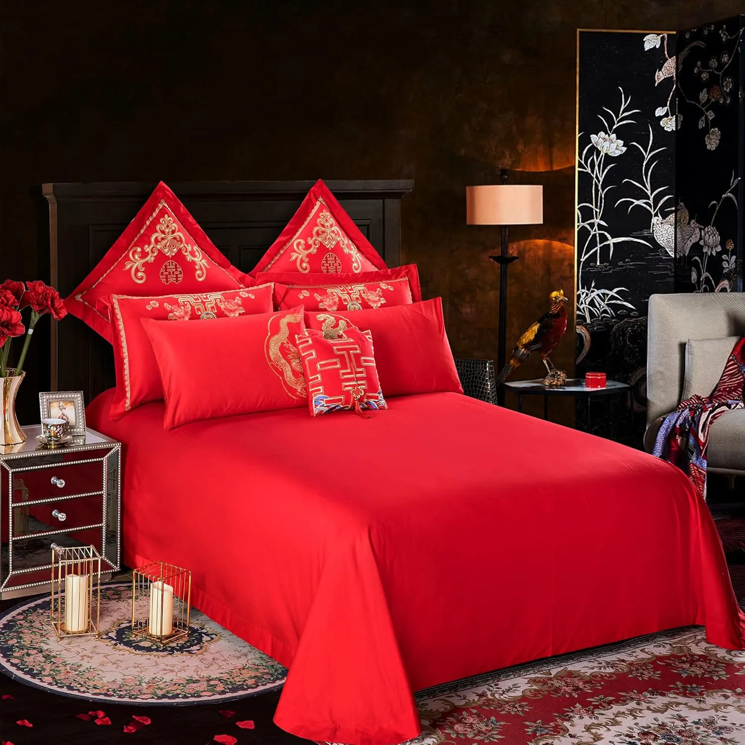 Double Happiness Dragon and Phoenix Bird with Mandarin Duck Embroidery Chinese Red Wedding Bedding King Queen Cotton Embroider Wedding Duvet Sets（Color 5 Queen,10PC/Set