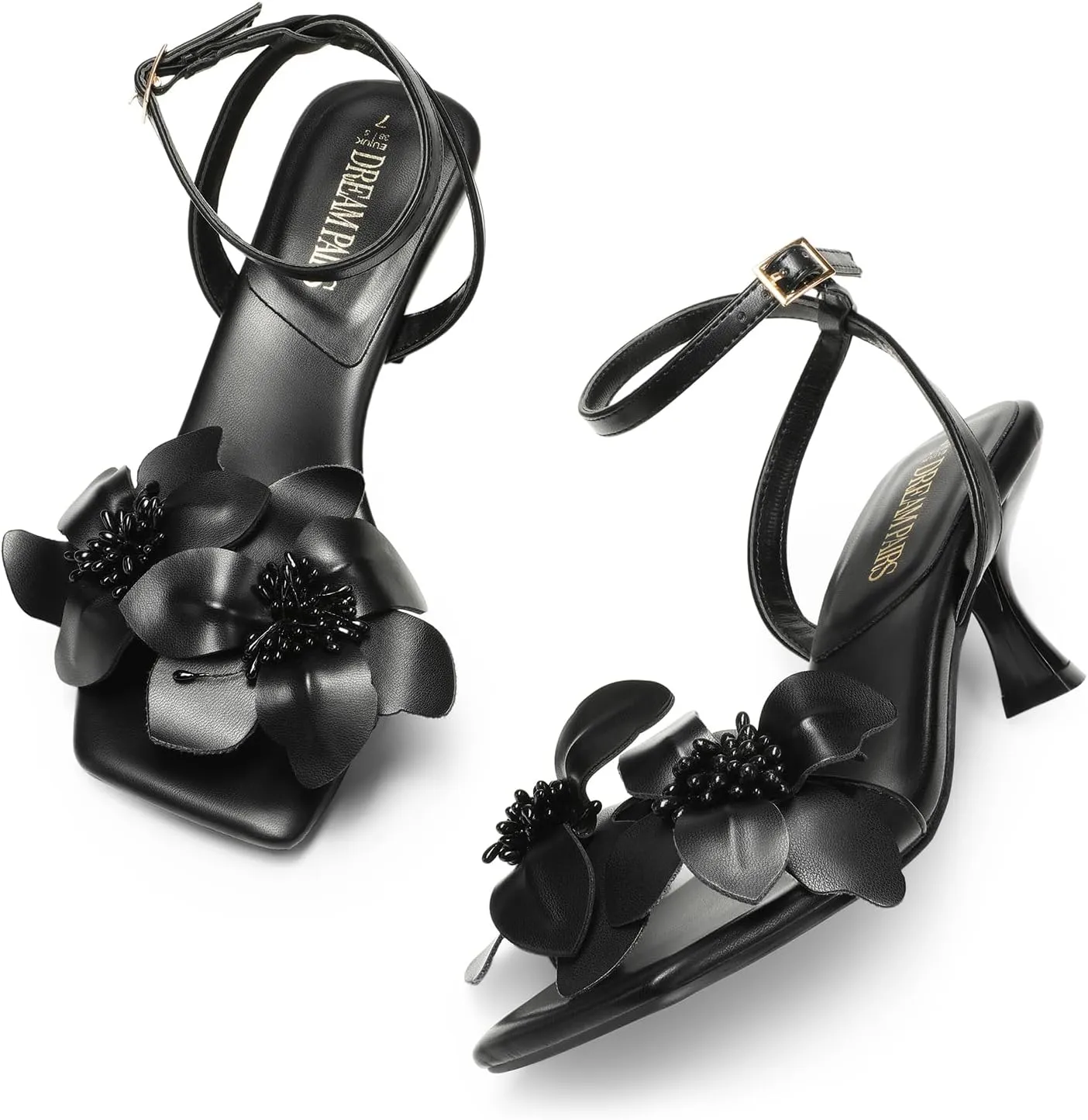DREAM PAIRS Women's Flower Wedding Heels Cute Square Toe Slingback Low Kitten Heels Sandals with Ankle Strap