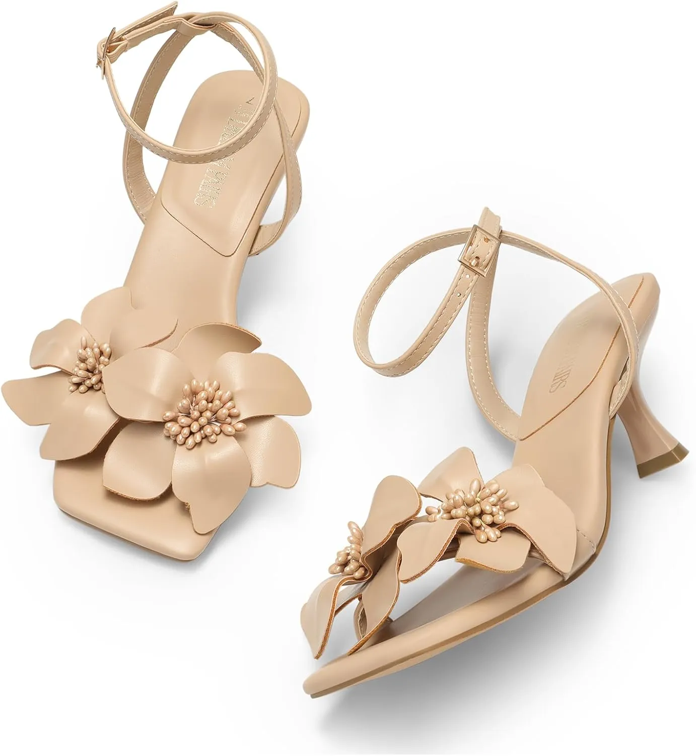 DREAM PAIRS Women's Flower Wedding Heels Cute Square Toe Slingback Low Kitten Heels Sandals with Ankle Strap