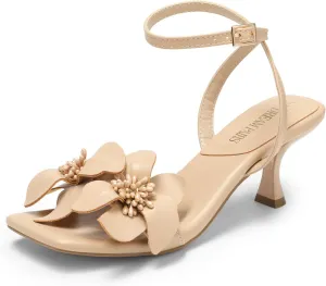 DREAM PAIRS Women's Flower Wedding Heels Cute Square Toe Slingback Low Kitten Heels Sandals with Ankle Strap