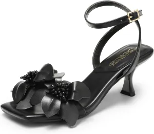 DREAM PAIRS Women's Flower Wedding Heels Cute Square Toe Slingback Low Kitten Heels Sandals with Ankle Strap