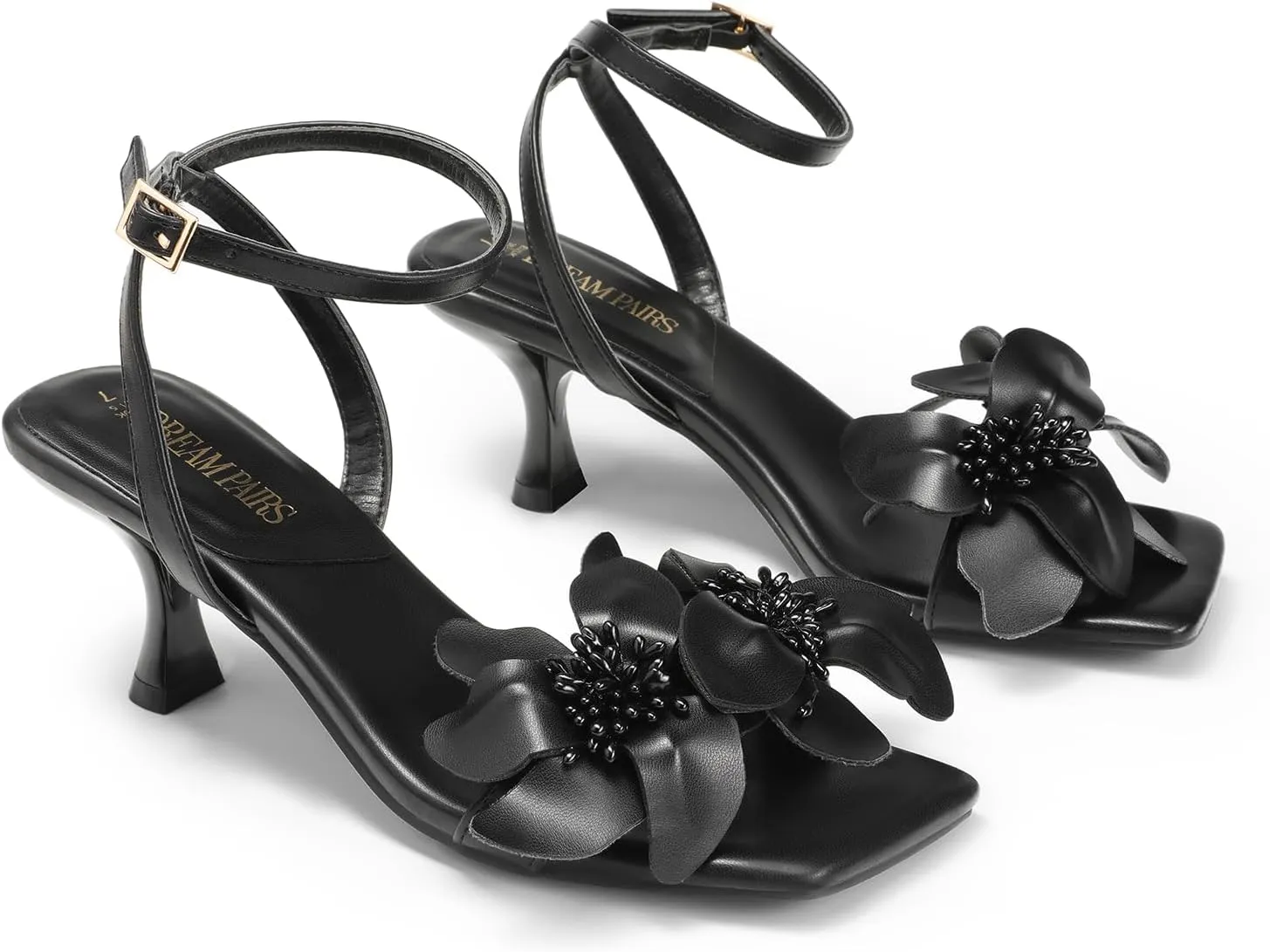 DREAM PAIRS Women's Flower Wedding Heels Cute Square Toe Slingback Low Kitten Heels Sandals with Ankle Strap