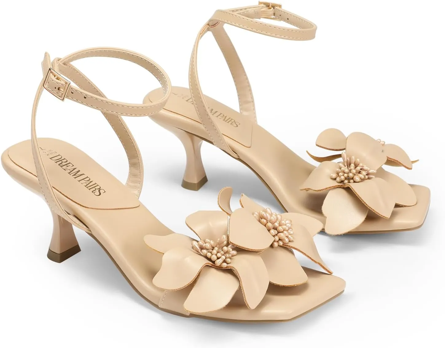 DREAM PAIRS Women's Flower Wedding Heels Cute Square Toe Slingback Low Kitten Heels Sandals with Ankle Strap