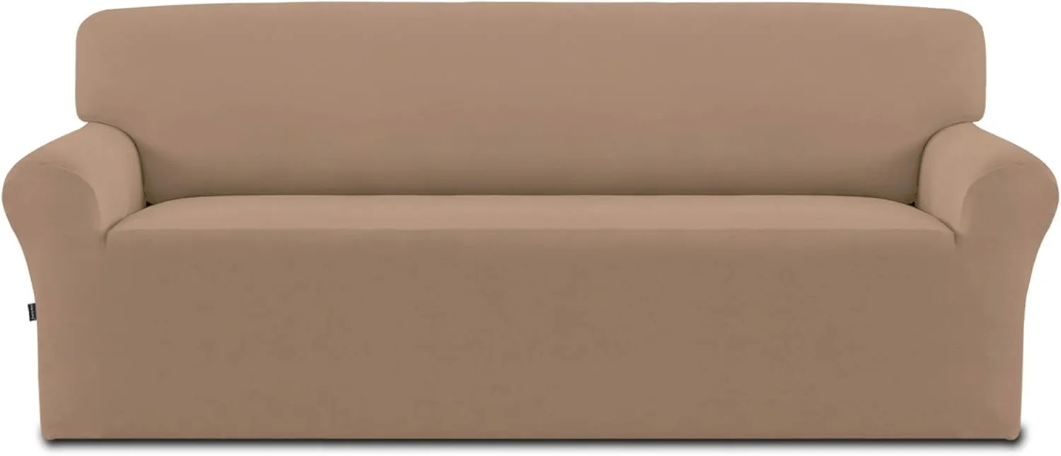 Easy-Going Fleece Stretch Sofa Slipcover Spandex Non-Slip Soft Couch Sofa Cover, Washable Furniture Protector with Anti-Skid Foam and Elastic Bottom for Kids, Pets(Sofa, Camel)
