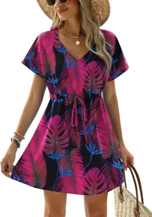 Ekouaer Womens Swimsuit Coverup Short Sleeve Beach Cover Up Dress V Neck Bikini Beachwear