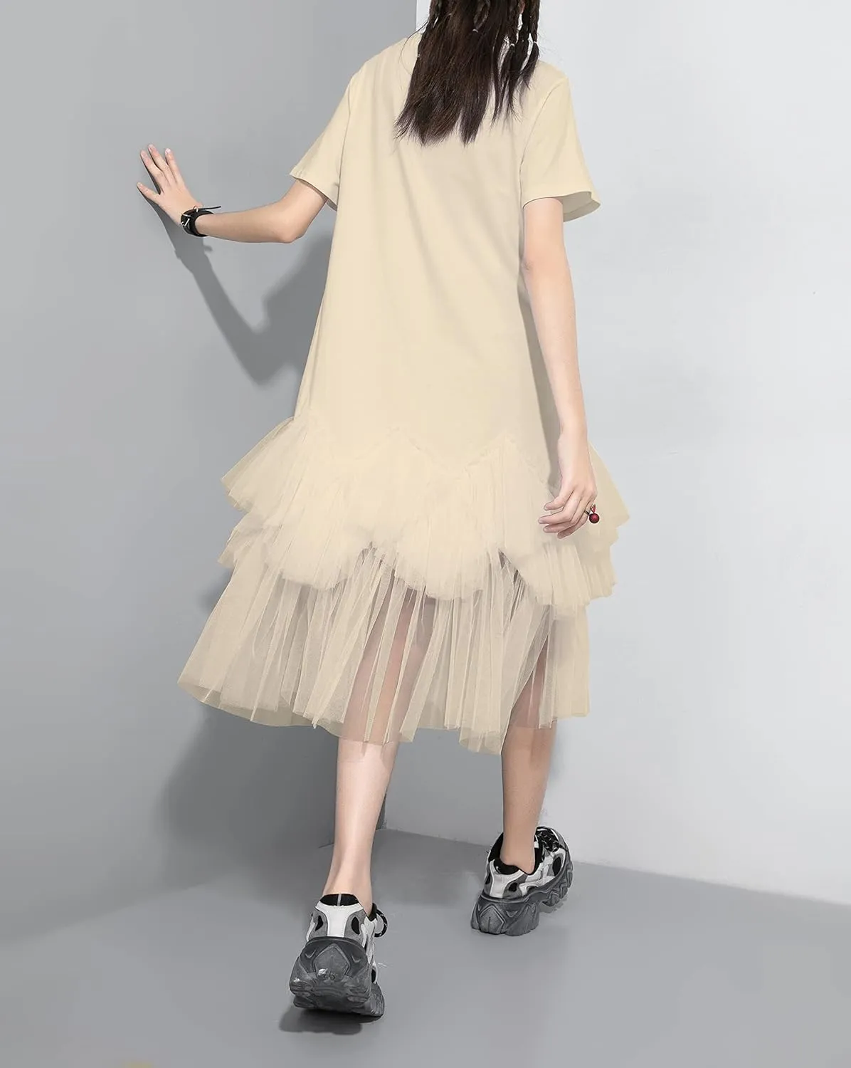 ellazhu Women's Casual Short Sleeve Crew Neck Tutu Tulle Dress with an Oversized Fit GY2266
