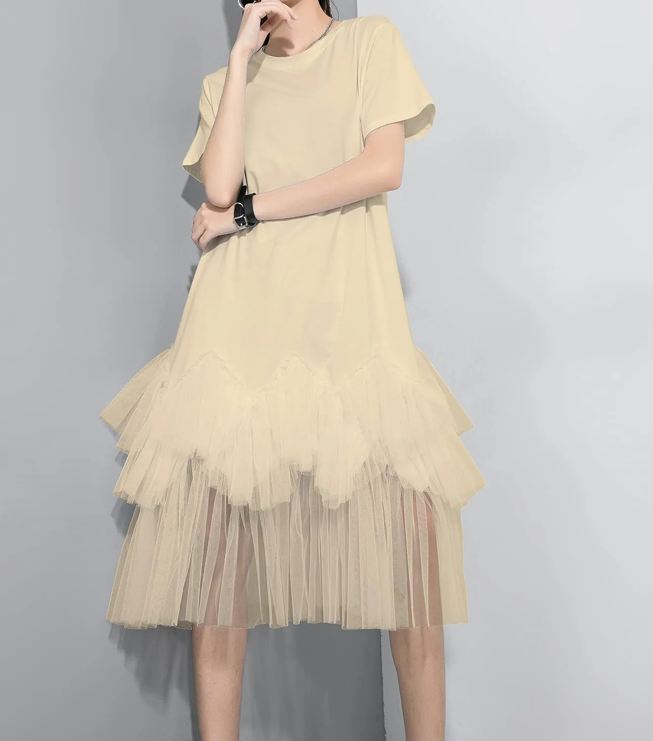 ellazhu Women's Casual Short Sleeve Crew Neck Tutu Tulle Dress with an Oversized Fit GY2266