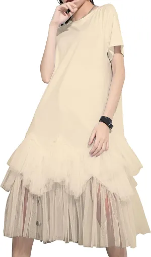 ellazhu Women's Casual Short Sleeve Crew Neck Tutu Tulle Dress with an Oversized Fit GY2266