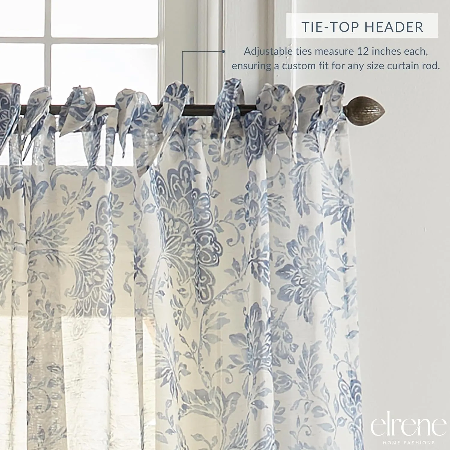 Elrene Home Fashions Westport Floral Tie-Top Sheer Window Curtain, 52" x 95" (1 Panel), Indigo