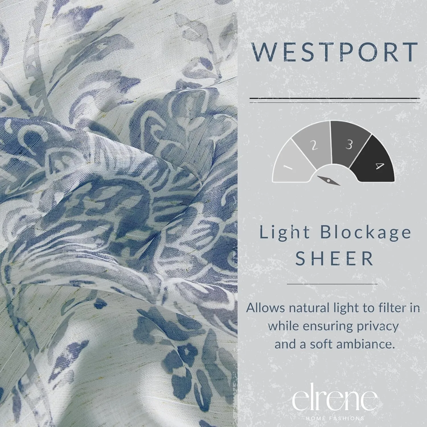 Elrene Home Fashions Westport Floral Tie-Top Sheer Window Curtain, 52" x 95" (1 Panel), Indigo