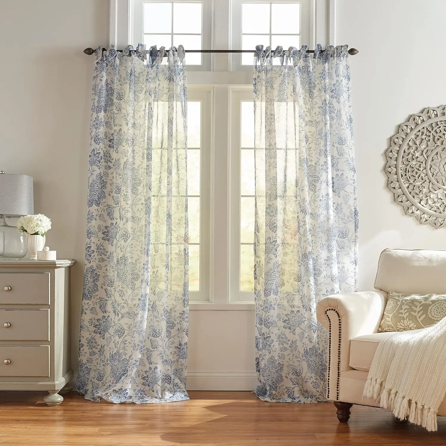 Elrene Home Fashions Westport Floral Tie-Top Sheer Window Curtain, 52" x 95" (1 Panel), Indigo