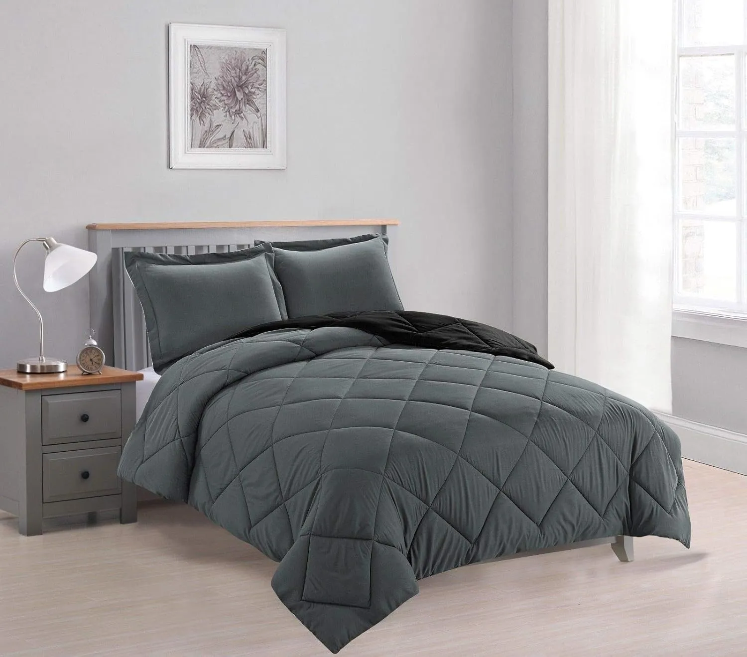 Empire Home Bed in A Bag Reversible Down Alternative All Season Comforter Set with Sheet Set Included !! (Black & Gray, Twin)