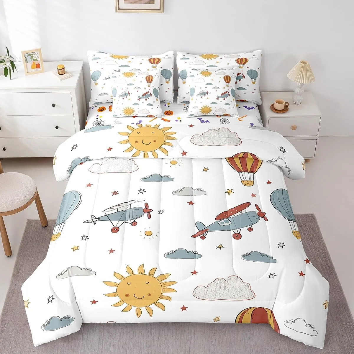Erosebridal Kids Airplane 7 Piece Comforter Set with Sheets Full Cartoon Aircraft Bedding Set for Boys Toddler Sky Sun Clouds Balloon Bed in A Bag Soft Lightweight Bed Set Room Decor