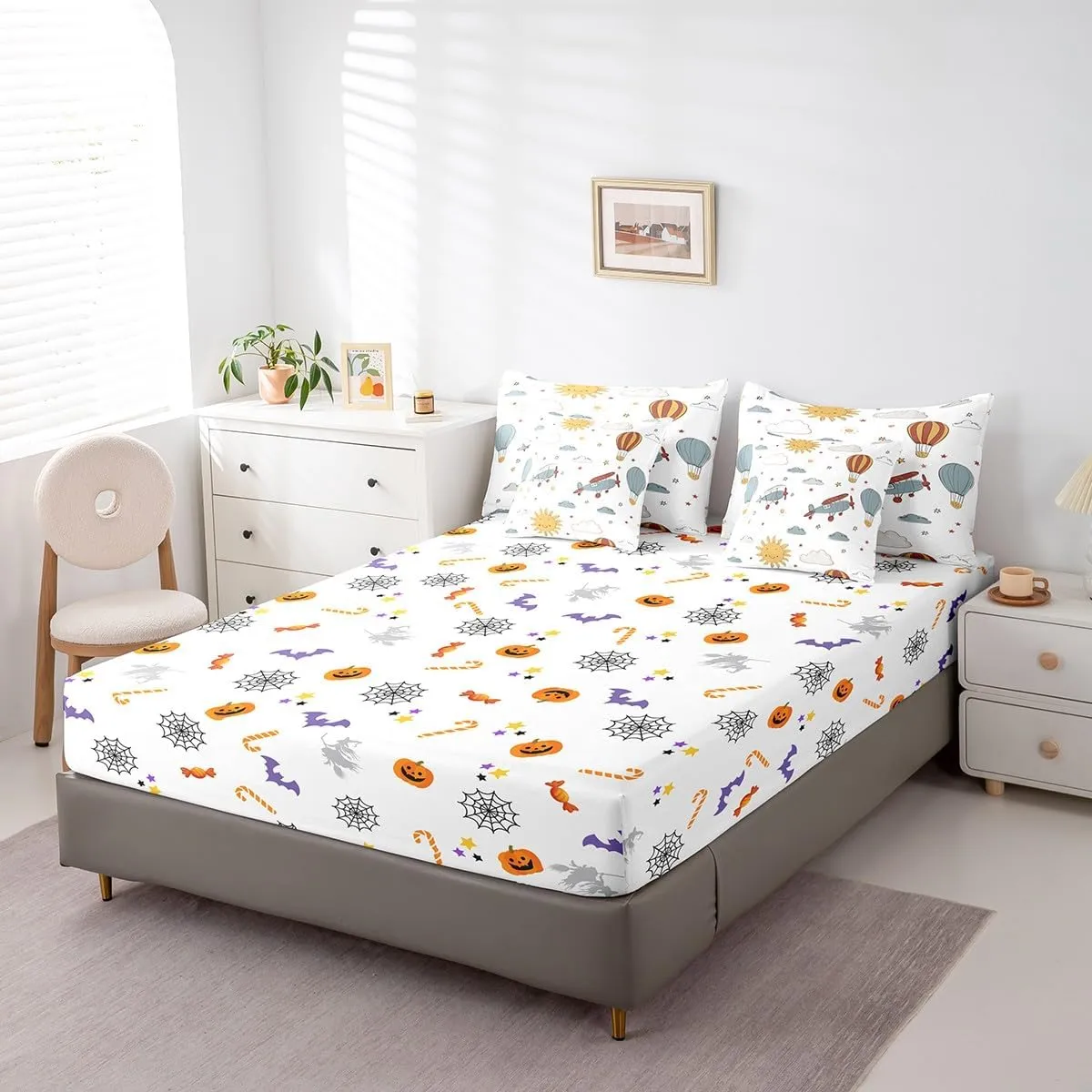 Erosebridal Kids Airplane 7 Piece Comforter Set with Sheets Full Cartoon Aircraft Bedding Set for Boys Toddler Sky Sun Clouds Balloon Bed in A Bag Soft Lightweight Bed Set Room Decor