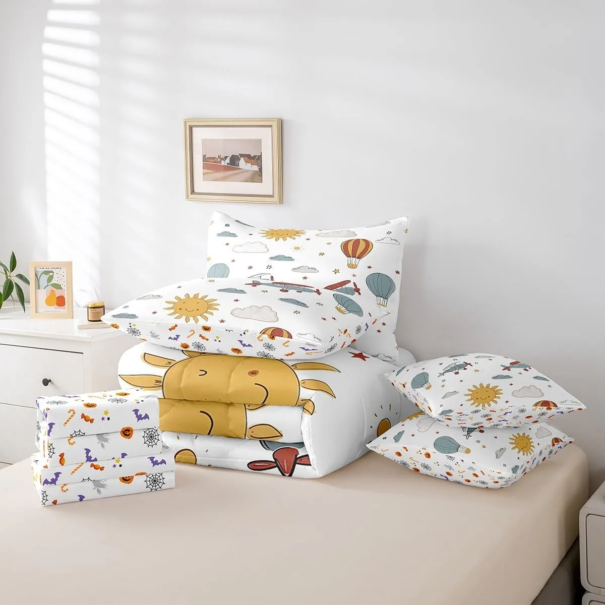 Erosebridal Kids Airplane 7 Piece Comforter Set with Sheets Full Cartoon Aircraft Bedding Set for Boys Toddler Sky Sun Clouds Balloon Bed in A Bag Soft Lightweight Bed Set Room Decor