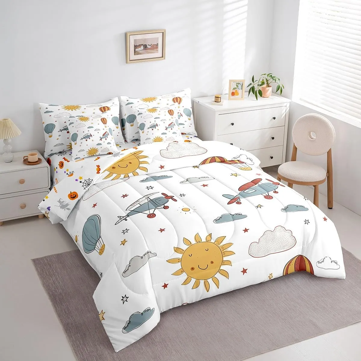 Erosebridal Kids Airplane 7 Piece Comforter Set with Sheets Full Cartoon Aircraft Bedding Set for Boys Toddler Sky Sun Clouds Balloon Bed in A Bag Soft Lightweight Bed Set Room Decor