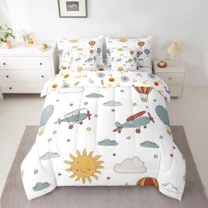Erosebridal Kids Airplane 7 Piece Comforter Set with Sheets Full Cartoon Aircraft Bedding Set for Boys Toddler Sky Sun Clouds Balloon Bed in A Bag Soft Lightweight Bed Set Room Decor