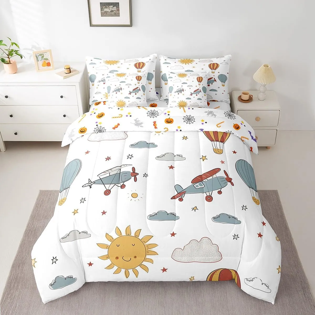 Erosebridal Kids Airplane 7 Piece Comforter Set with Sheets Full Cartoon Aircraft Bedding Set for Boys Toddler Sky Sun Clouds Balloon Bed in A Bag Soft Lightweight Bed Set Room Decor
