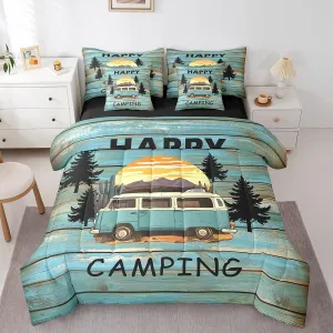 Erosebridal Rustic Camper Queen Comforter Set for Kids Boys Girls,Happy Camping Bed in A Bag Vintage Barn Door Sunset Bedding Set 7 Pcs Desert Cactus Pine Trees Sheet Set with Comforter