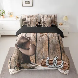 Erosebridal Western Cowboy King Comforter Set 7 Piece Texas Star Horseshoe Bed in A Bag for Kids Adults,Rustic Farmhouse Bedding Set Cowboy Boots Ha Sheet Set with Comforter
