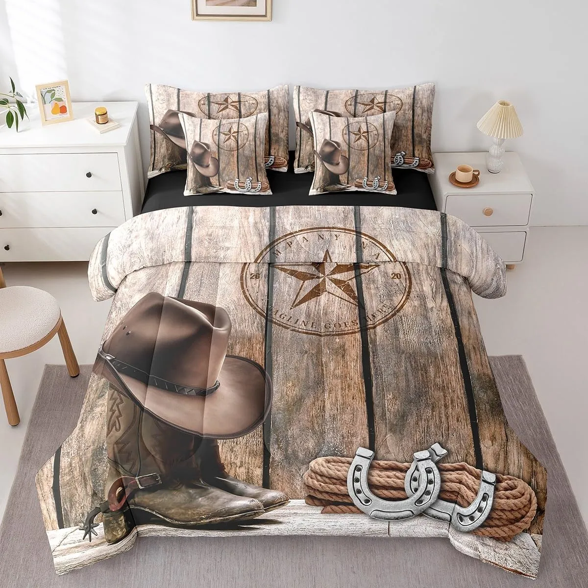 Erosebridal Western Cowboy King Comforter Set 7 Piece Texas Star Horseshoe Bed in A Bag for Kids Adults,Rustic Farmhouse Bedding Set Cowboy Boots Ha Sheet Set with Comforter