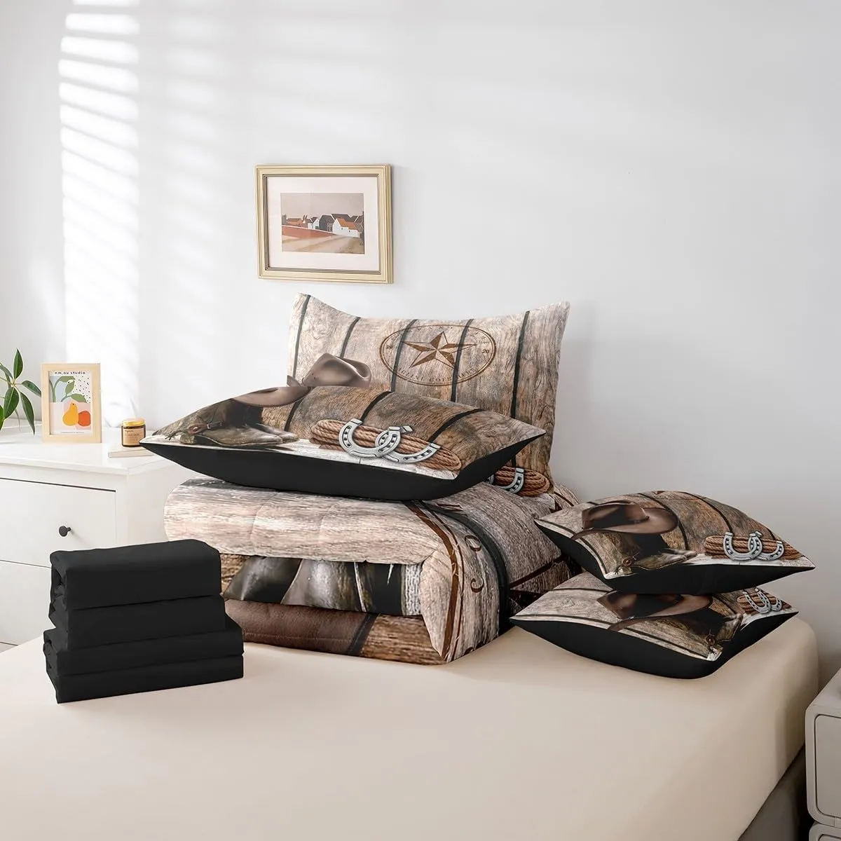 Erosebridal Western Cowboy King Comforter Set 7 Piece Texas Star Horseshoe Bed in A Bag for Kids Adults,Rustic Farmhouse Bedding Set Cowboy Boots Ha Sheet Set with Comforter