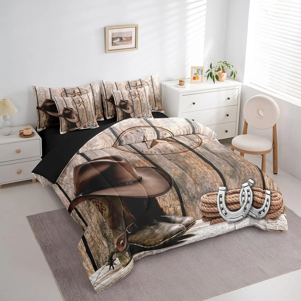 Erosebridal Western Cowboy King Comforter Set 7 Piece Texas Star Horseshoe Bed in A Bag for Kids Adults,Rustic Farmhouse Bedding Set Cowboy Boots Ha Sheet Set with Comforter