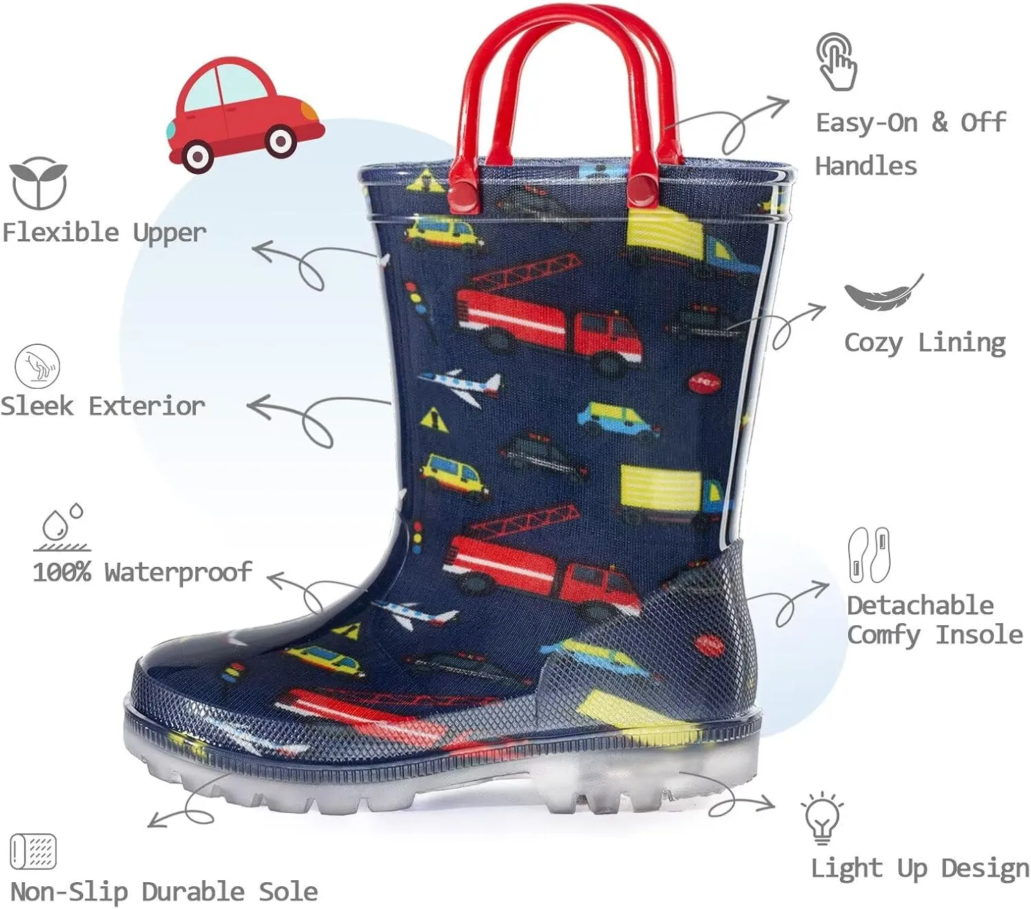 EUXTERPA Kids Toddler Light Up Rain Boots Boys Girls Waterproof Patterns and Glitter Boots with Easy On Handles