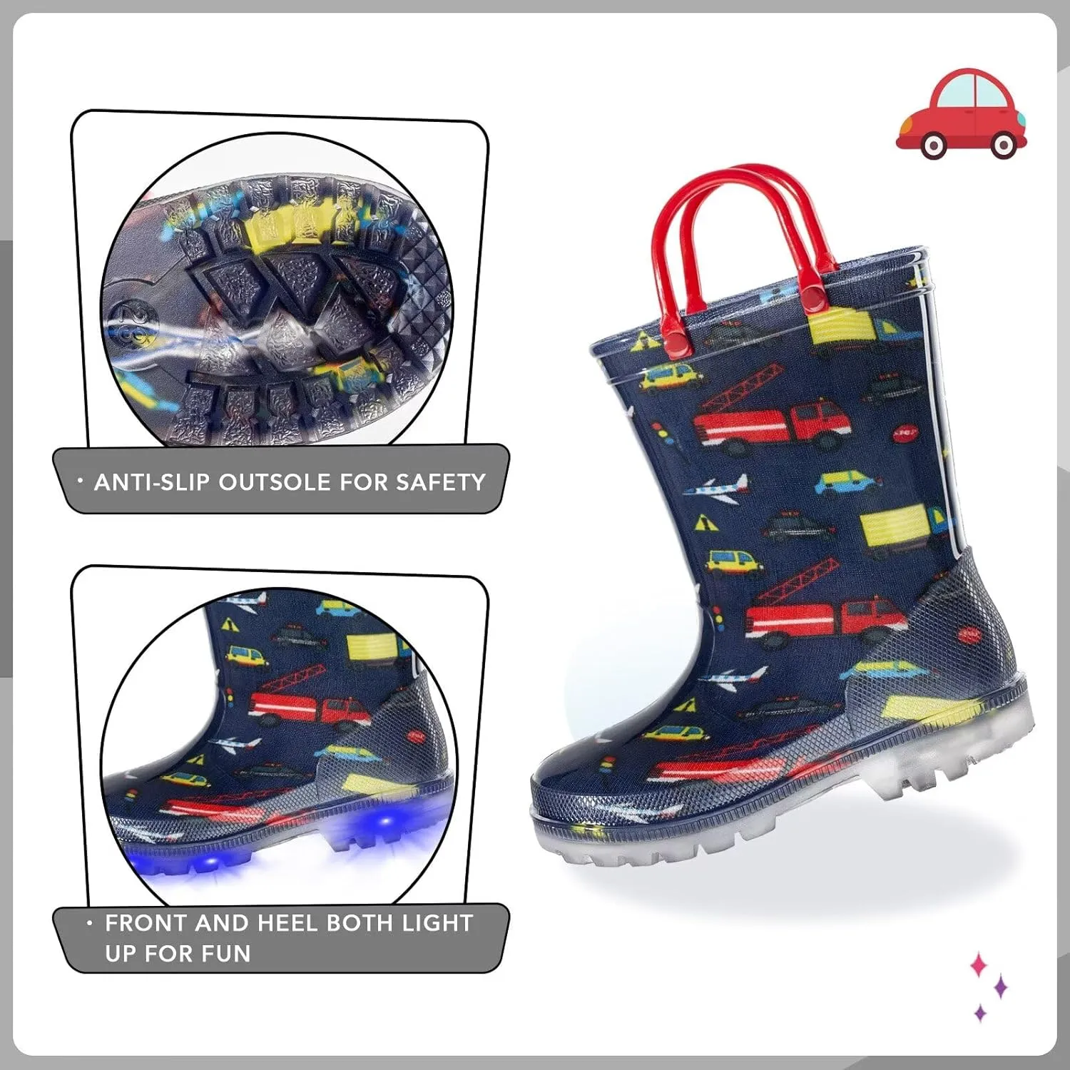 EUXTERPA Kids Toddler Light Up Rain Boots Boys Girls Waterproof Patterns and Glitter Boots with Easy On Handles