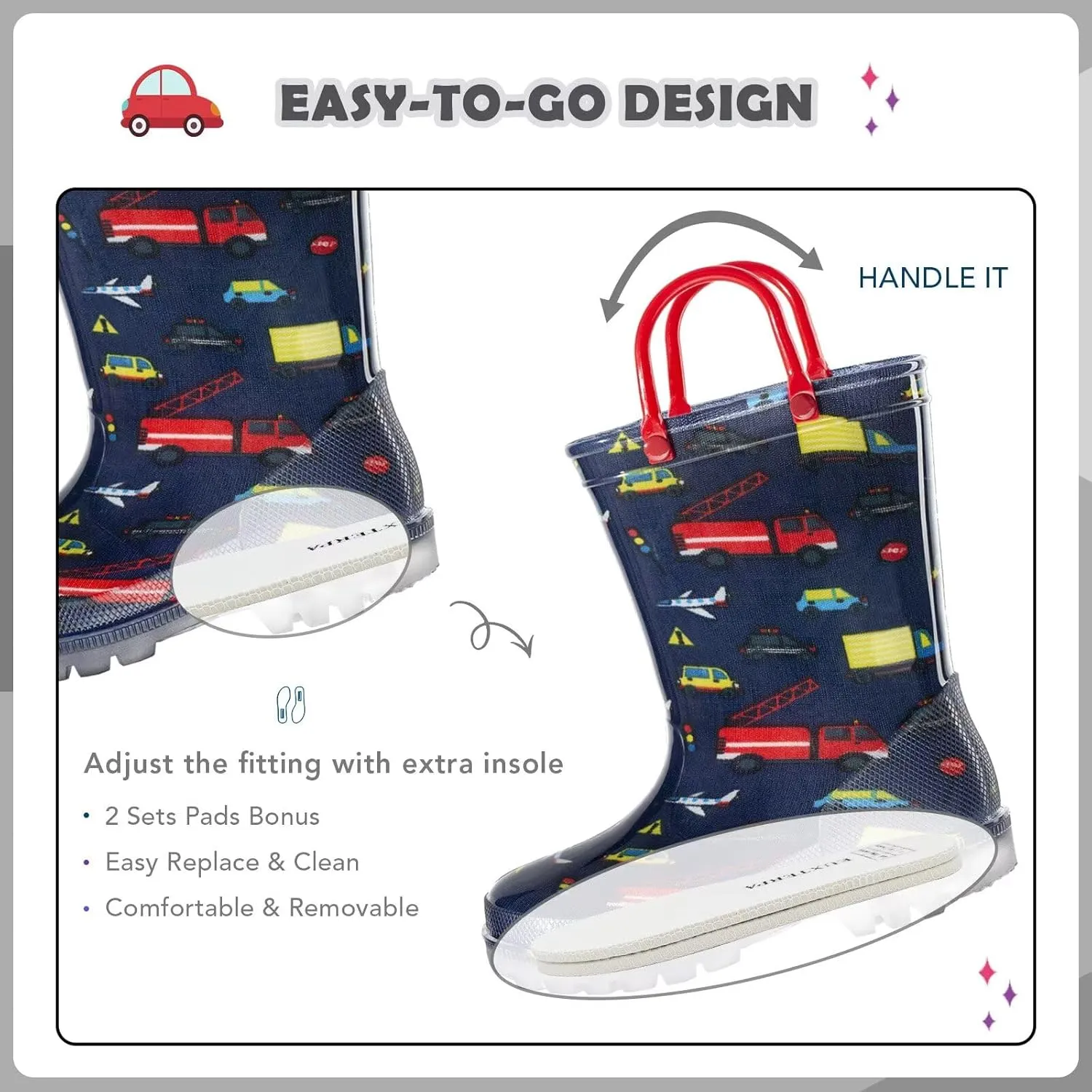 EUXTERPA Kids Toddler Light Up Rain Boots Boys Girls Waterproof Patterns and Glitter Boots with Easy On Handles