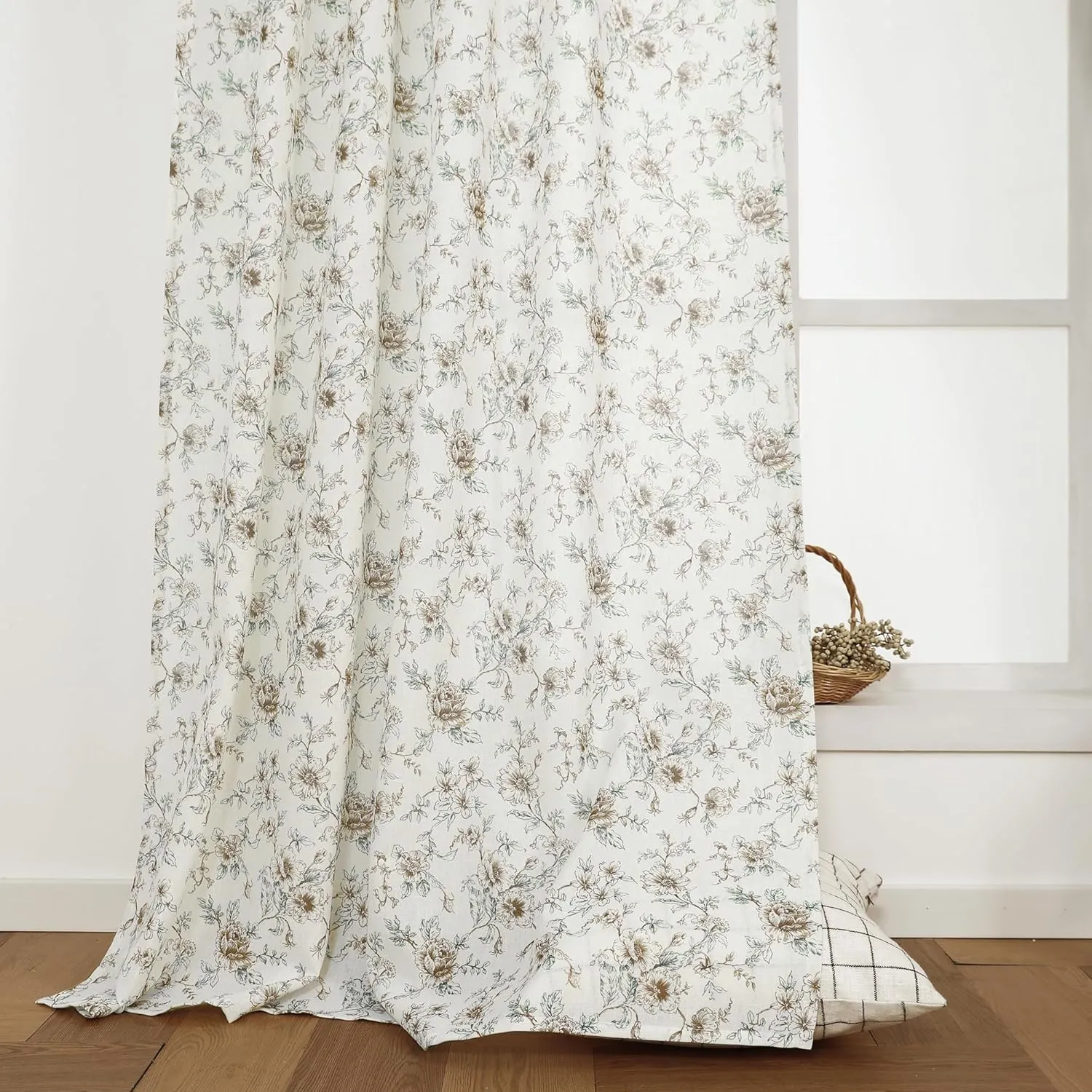 Farmhouse Curtains for Living Room,Brown Linen Vintage Floral Patterned Rustic Farm House Sheer Summer Curtains 84 Inch Length 2 Panels Set