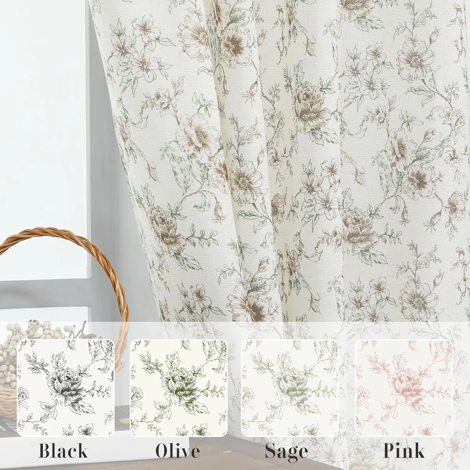 Farmhouse Curtains for Living Room,Brown Linen Vintage Floral Patterned Rustic Farm House Sheer Summer Curtains 84 Inch Length 2 Panels Set