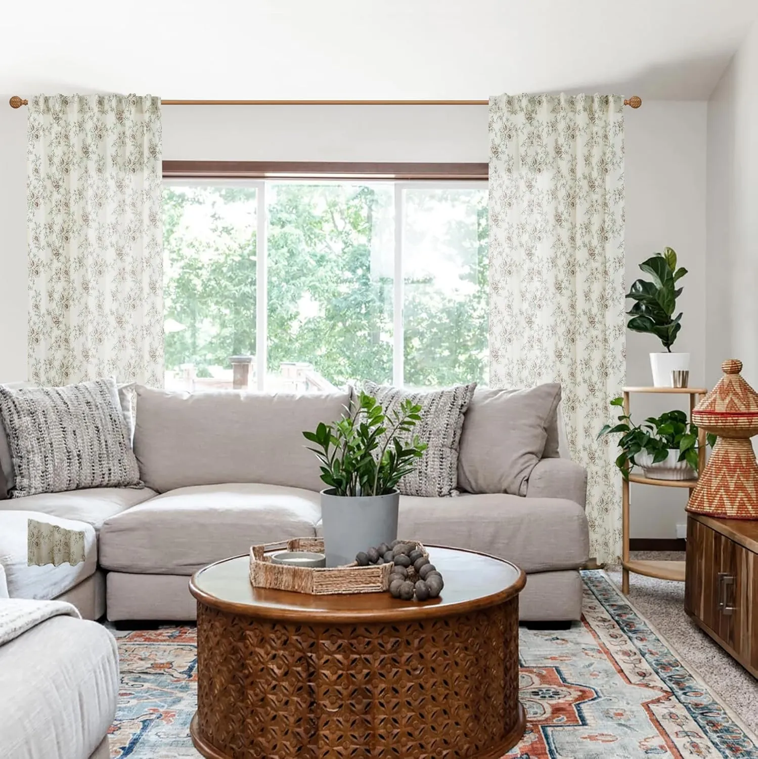 Farmhouse Curtains for Living Room,Brown Linen Vintage Floral Patterned Rustic Farm House Sheer Summer Curtains 84 Inch Length 2 Panels Set